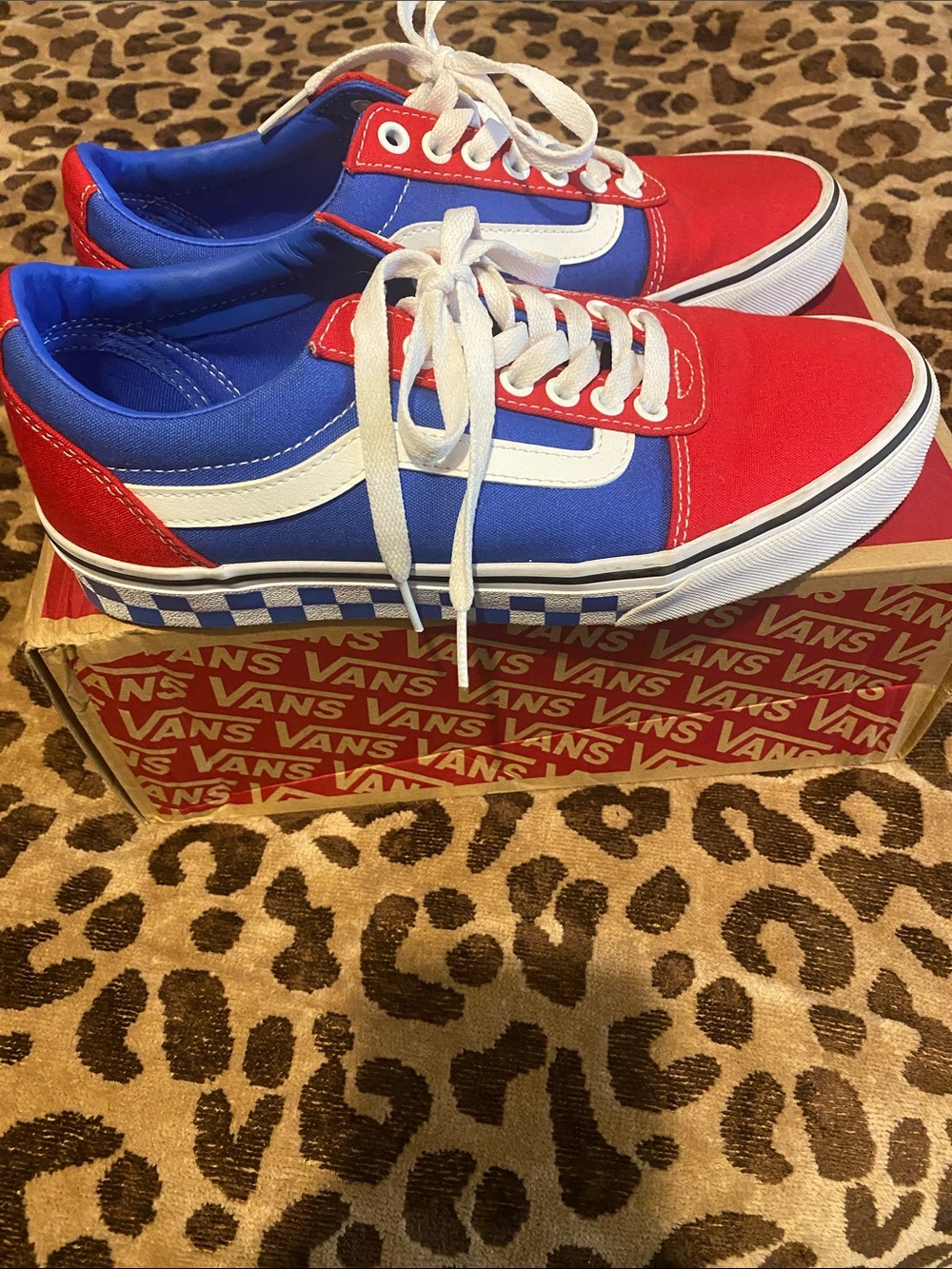 Vans Red, Blue and White Old Skool Checkerboard Accent Sneakers